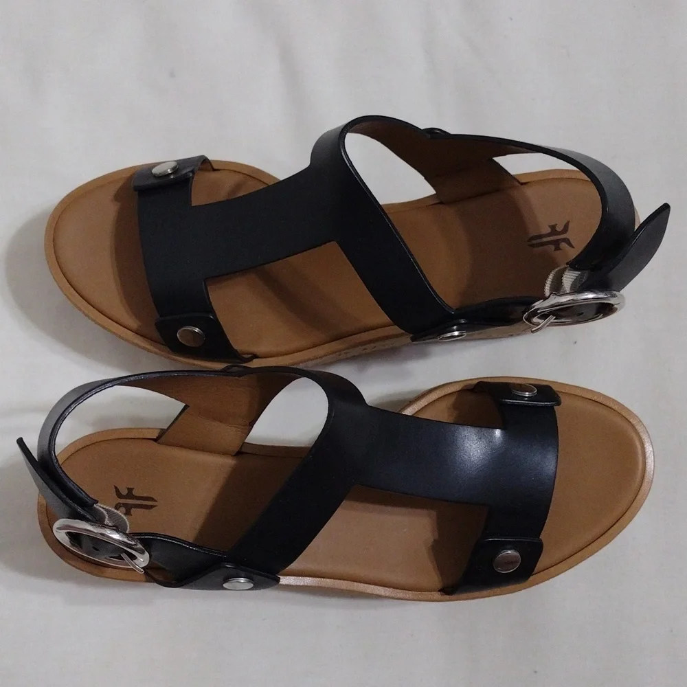 NEW Frye Black Leather Cork Wedge Platform Sandals Boho Luxe US 8.5 MSRP $458